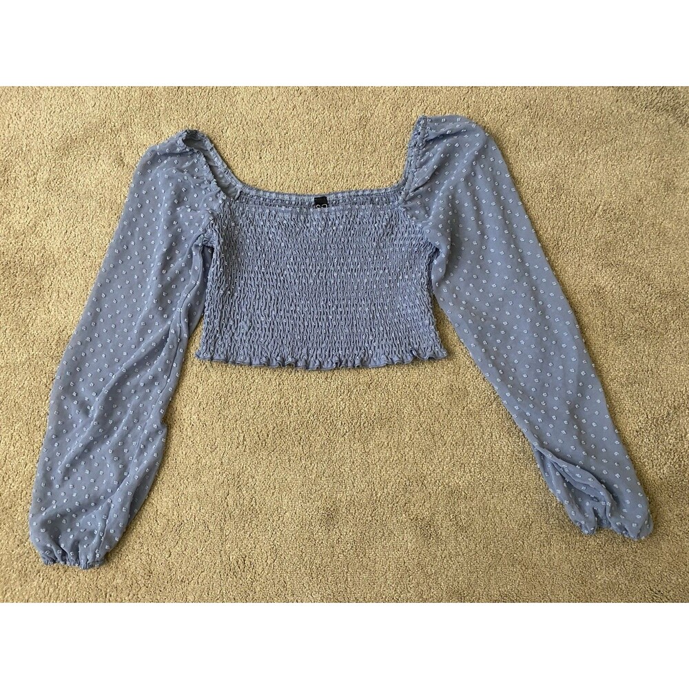 Windsor L Woman's Smocked Crop Top w/ Sheer Balloon Sleeves Gray-Blue Textured
